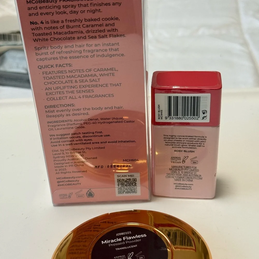 Mcobeauty makeup and fragrance bundle- blush drops, translucent powder, #4 mist